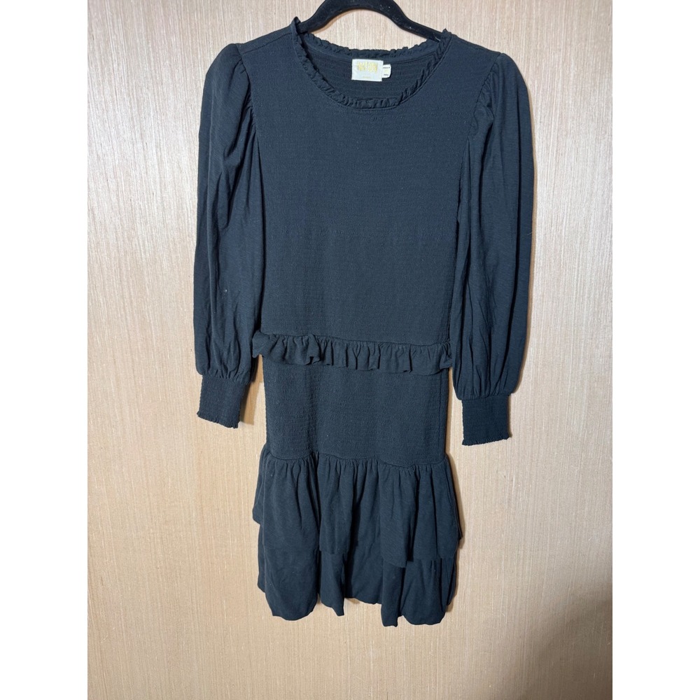 Nation LTD Black Pima Cotton Smocked Ruffle Tiered Puff Sleeve Mini Dress S